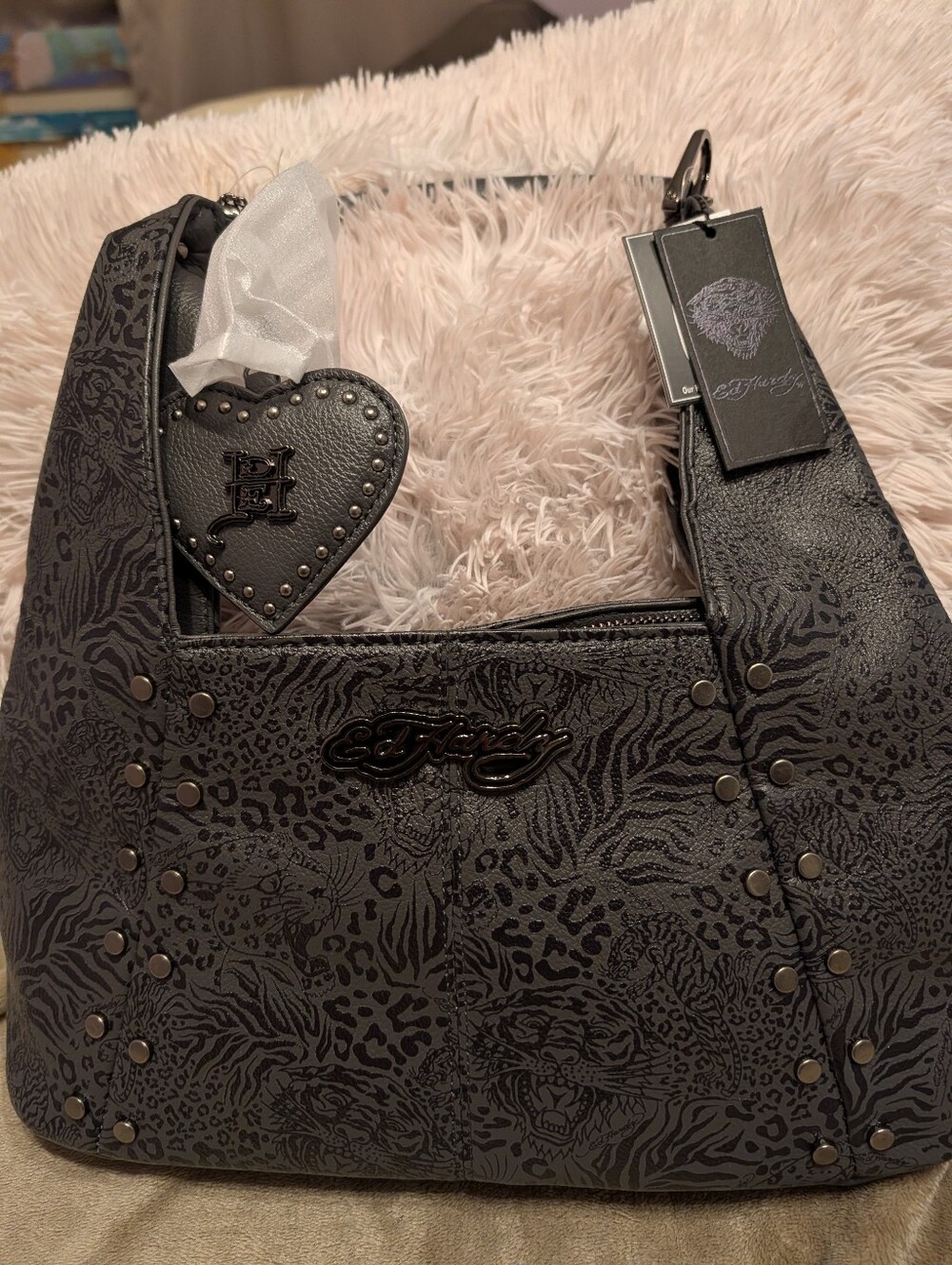 Ed Hardy Black/ Gray Tiger Leopard Patterned Shoulder Hobo with Heart Charm